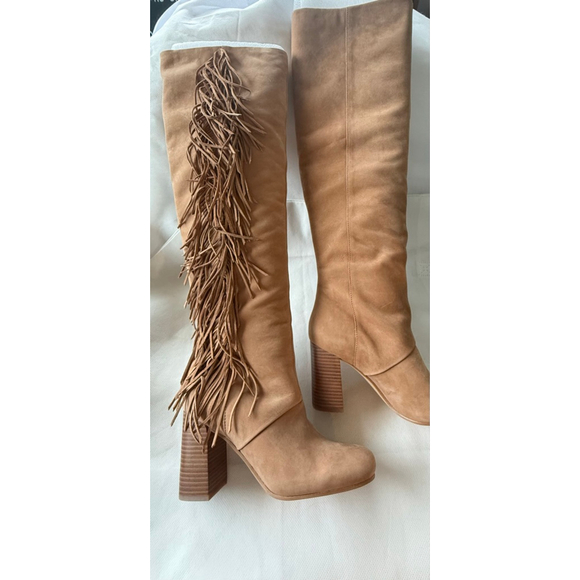 NWT Women’s Sam Edelman Tall Leather Fringe Boots Camel size 6.5 Taylan - Picture 4 of 15